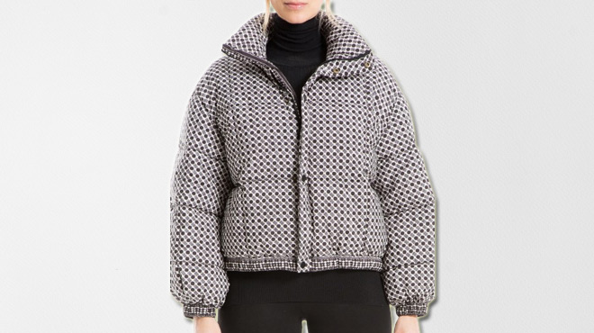 A Lady Wearing Max Studio Geo Print Puffer Jacket