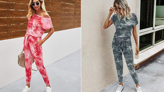 A Lady Wearing PrettyGarden Off Shoulder Jumpsuit in Two different colors