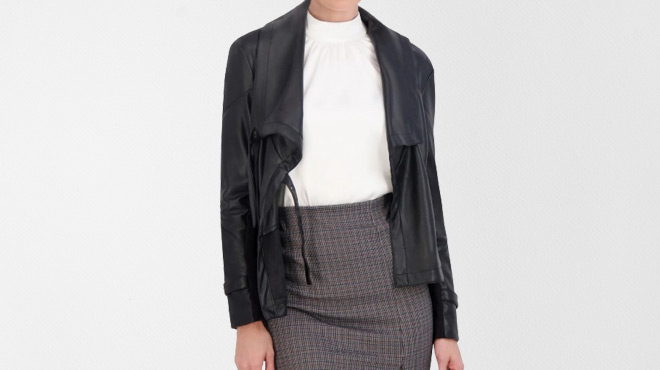 A Lady Wearing a Ookie Lalo Draped Faux Leather Moto Jacket in Black Color