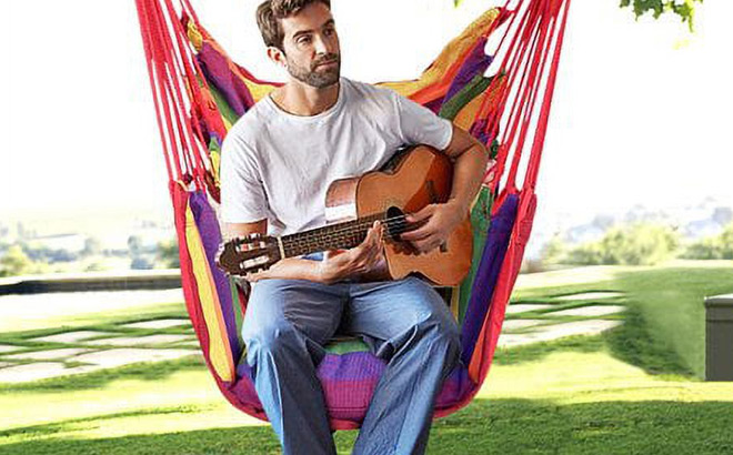 A Man Playing Guitar and Resting on a Livhil Hammock Swing Chair