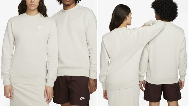 A Man and Woman Wearing Nike Sportswear Club Fleece Crew