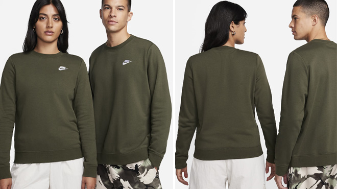 A Man and Woman Wearing Nike Sportswear Club Fleece Crewneck Sweatshirt