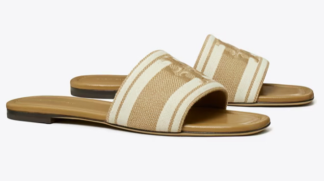 A Pair of Tory Burch Double T Jacquard Slide in Cammello Ash White Color A Pair of Tory Burch Double T Jacquard Slide in Cammello Ash White Color