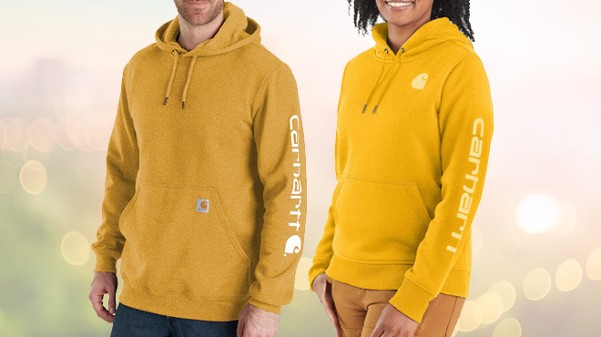 A Person Carhartt Mens K288 Hoodie on the Left and A Person Wearing Carhartt Womens Clarksburg Graphic Sleeve Hoodie on the Right
