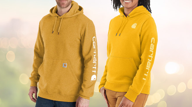 A Person Carhartt Mens K288 Hoodie on the Left and A Person Wearing Carhartt Womens Clarksburg Graphic Sleeve Hoodie on the Right A Person Carhartt Mens K288 Hoodie on the Left and A Person Wearing Carhartt Womens Clarksburg Graphic Sleeve Hoodie on the Right
