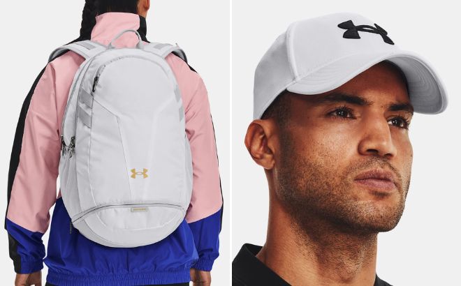 A Person Carrying an Under Armour Hustle 5 0 Team Backpack on the left and A Person Wearing a Under Armour Mens Blitzing Cap