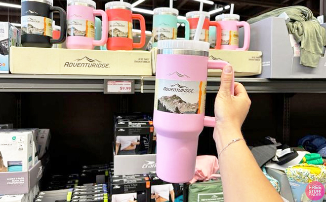 A Person Holding Adventuridge Thirst Crusher Tumblers in Powder Pink Color