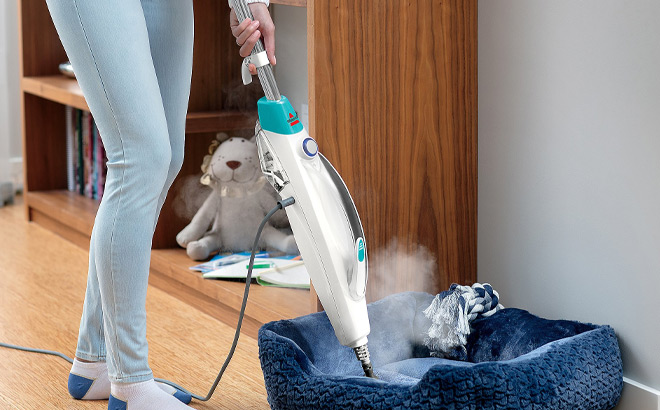 A Person Holding Bissell PowerSteamer Duo 2 in 1 Steam Mop