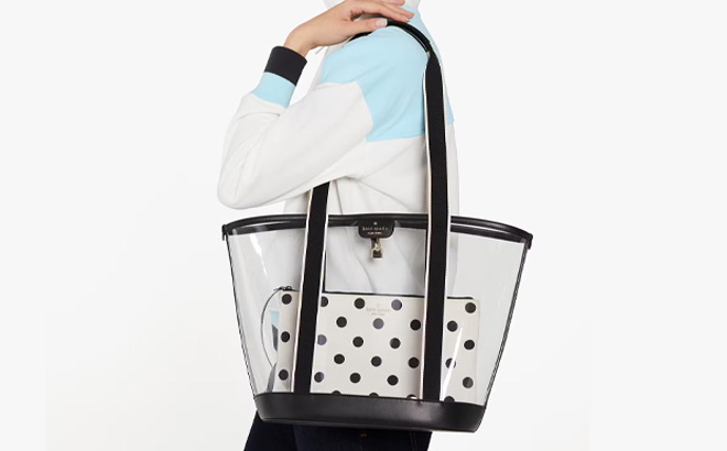 A Person Holding Kate Spade Clare See Through Tote in Black Multi Color