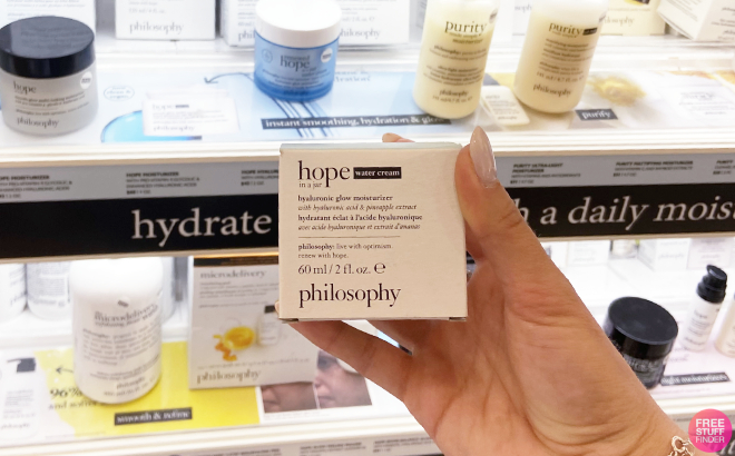 A Person Holding Philosophy Hope in a Jar Hyaluronic Glow Moisturizer