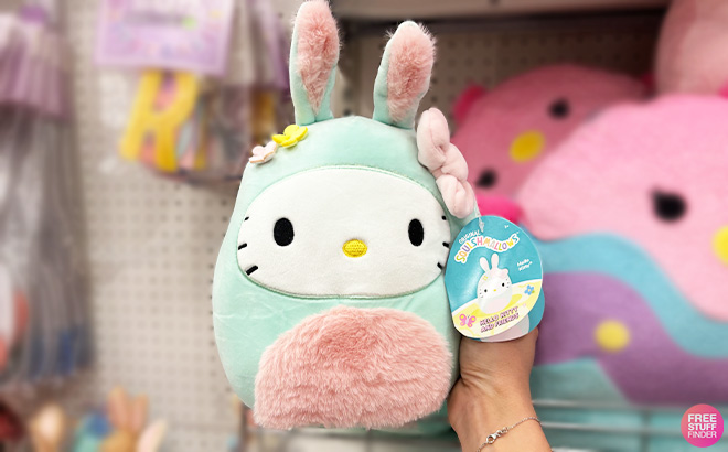 A Person Holding Squishmallows Sanrio Hello Kitty Easter Bunny Plush