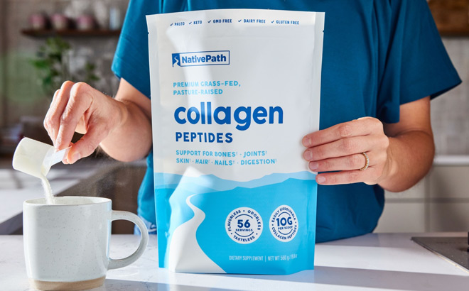 A Person Holding a Bag of NativePath Collagen Peptides and Adding a Scoop to a Drink