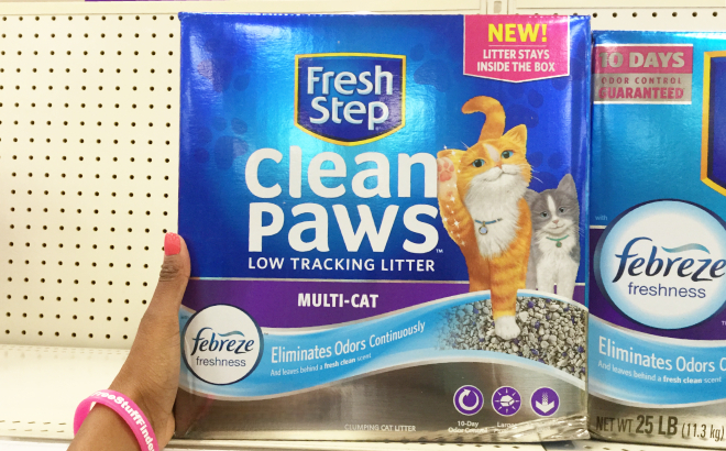 A Person Holding a Box of Fresh Step Clumping Cat Litter