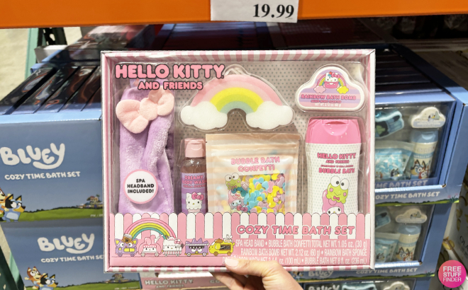 A Person Holding a Hello Kitty Friends Cozy Time 6 Piece Bath Set
