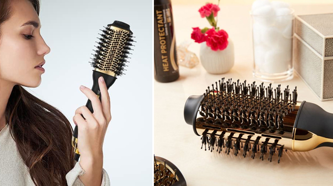 A Person Holding a Hot Tools 24K Gold One Step Hair Dryer and Volumizer
