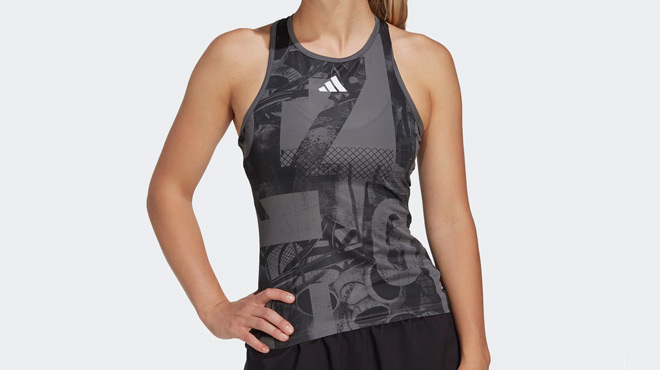 A Person Posing in a Adidas Womens Tennis Graphic Tank Top