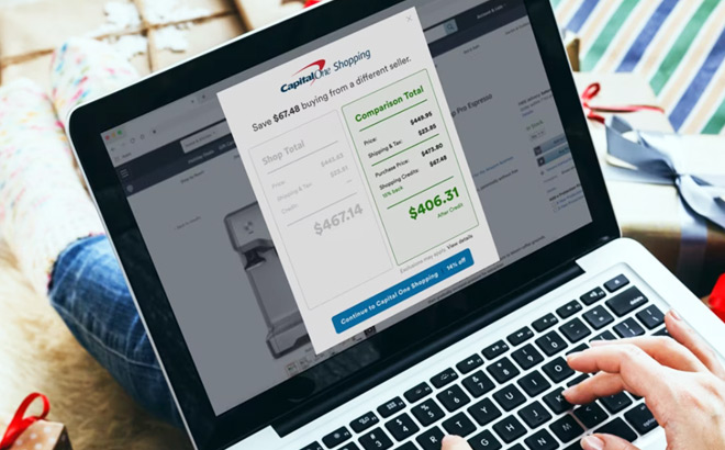 A Person Using a Capital One Shopping Browser Tool for Saving Money on a Laptop