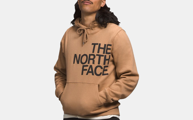 A Person Wearing The North Face Brand Proud Hoodie in Almond Butter Color