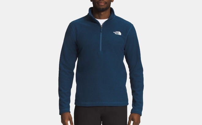 A Person Wearing The North Face Fleece Jacket in Shady Blue Color