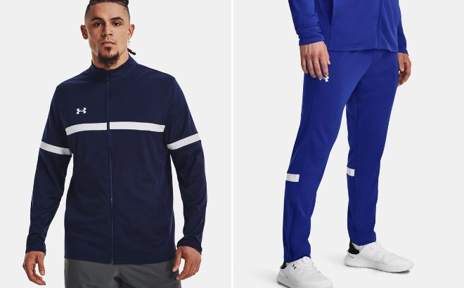 A Person Wearing Under Armour Mens UA Knit Warm Up Team Full Zip on the RIght and Under Armour Mens UA Rival Fleece Joggers on the Left