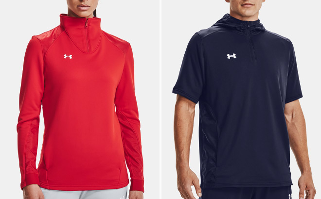 A Person Wearing Under Armour Womens UA Command Jacket on the left and Under Armour Mens UA Command Short Sleeve Hoodie on the right