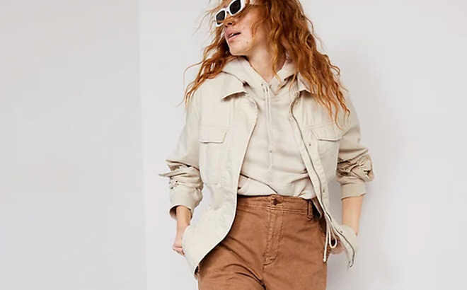 A Person Wearing a Old Navy Cinched Waist Utility Jacket in Cozy Cashmere Color