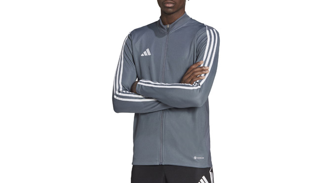 A Person Wearing adidas Mens Tiro 23 League Training Track Jacket In Onix Color