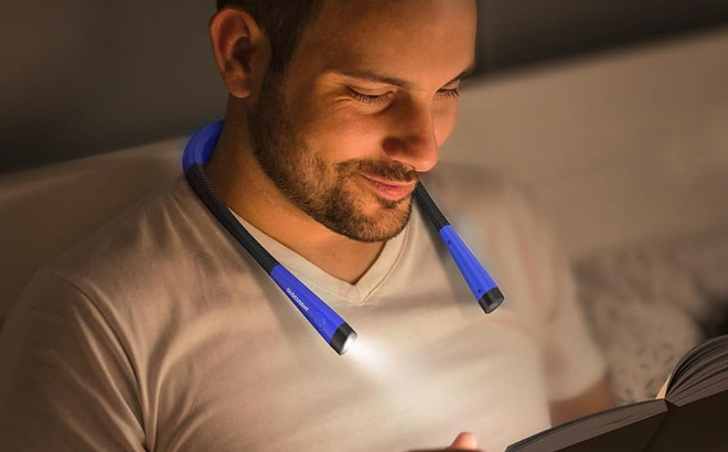 A Person Wearing the LED Neck Reading Light in the Color Blue