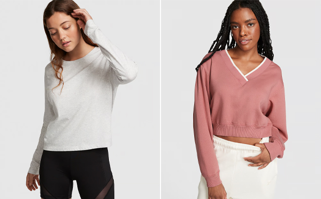 A Person Wearing the Victorias Secret PINK Cotton Long Sleece T Shirt and Premium Fleece V Neck Pullover A Person Wearing the Victorias Secret PINK Cotton Long Sleece T Shirt and Premium Fleece V Neck Pullover