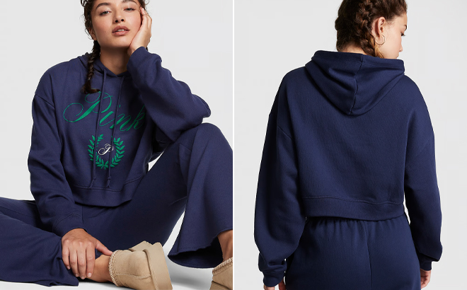 A Person Wearing the Victorias Secret PINK Everyday Fleece Cropped Hoodie in Midnight Navy
