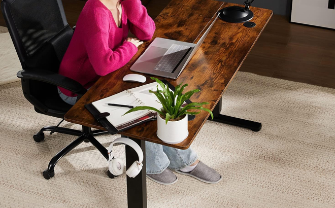 A Woman Working on the Smug Electric Standing Desk