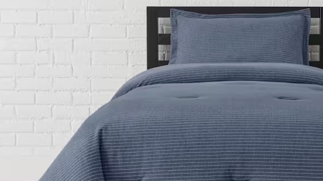 A photo of StyleWell 2 Piece Midnight Blue Stripe Jersey Knit Comforter Set