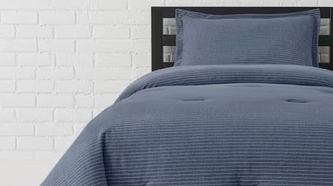 StyleWell 2 Piece Midnight Blue Stripe Jersey Knit Comforter Set A photo of StyleWell 2 Piece Midnight Blue Stripe Jersey Knit Comforter Set