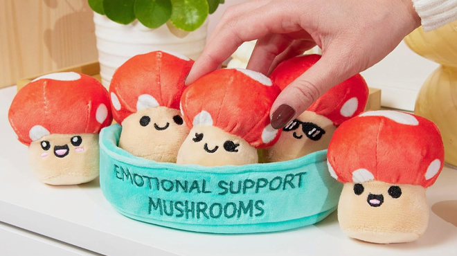 A photo of What Do You Meme Emotional Support Plush Mushrooms