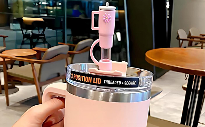 A photo showing Pink Stanley Straw Topper