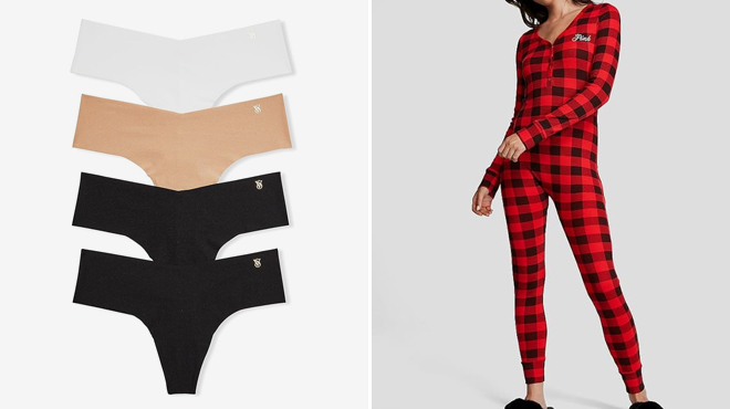 A photo showing Victorias Secret No Show Thong Panty and PINK Thermal Onesie