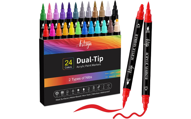 Acrylic Paint Pens Dual Tip Pens With Medium Tip and Brush Tip 24 Count on a White Background