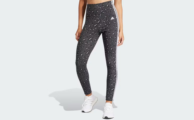 Adidas Essentials 3 Stripes Animal Print Leggings in Grey Color on Person