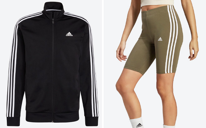 Adidas Mens Essentials Warm Up 3 Stripes Track Jacket and Womens Essentials 3 Stripes Bike Shorts