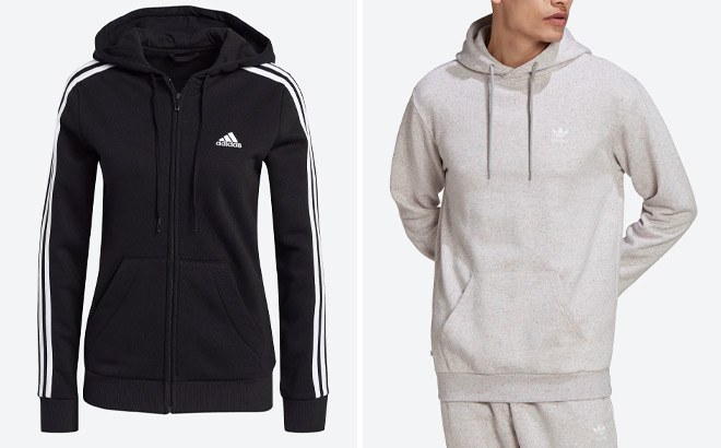 Adidas Womens Essentials Fleece 3 Stripes Full Zip Hoodie and Mens Essentials Made With Nature Hoodie