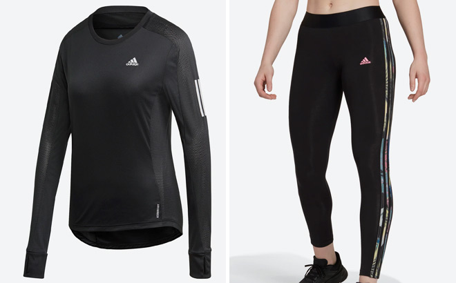Adidas Womens Own The Run Long Sleeve Tee and Womens Loungewear Essentials 3 Stripes Leggings