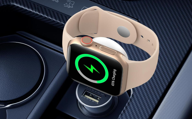 Apple Watch Charging in a Car Using a Portable Charger