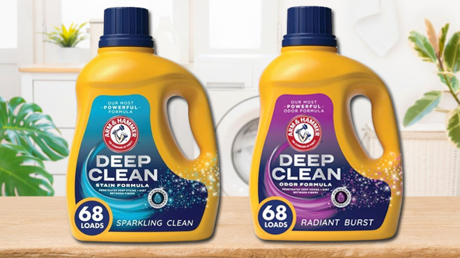Arm Hammer 68 Loads Deep Clean Stain Detergent on the Left and Arm Hammer 68 Loads Deep Clean Odor Detergent on the Right