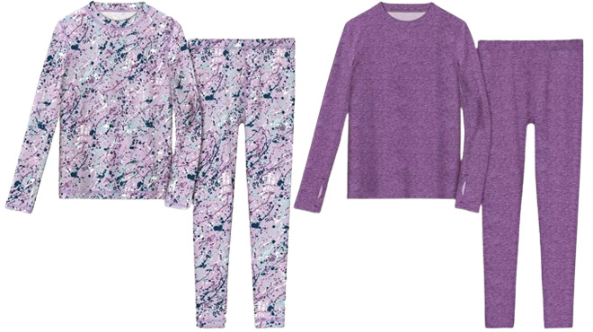 Athletic Works Girls Thermal Top Bottom Sets in Lavender Splatter Color on the left and Purple Heather on the right