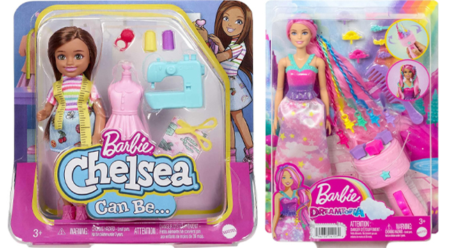 Barbie Chelsea Can Be Doll Playset Brunette Fashion Designer on the Left and Barbie Dreamtopia Doll Twist n Style Pink Hair with Rainbow Extenstions on the Right