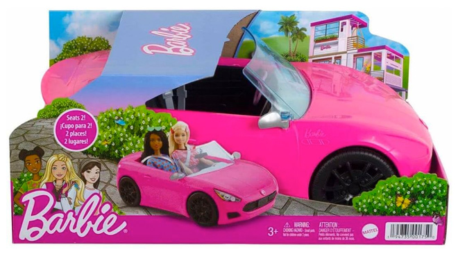 Barbie Toy Car Bright Pink 2 Seater Convertible with Seatbelts and Rolling Wheels