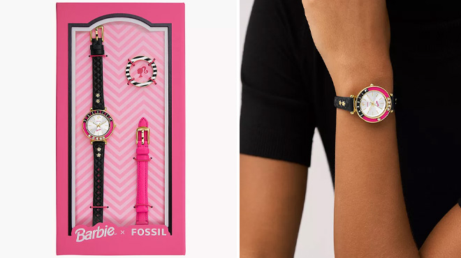 Barbie x Fossil Three Hand Black LiteHide Leather Watch and Interchangeable Strap Box Set
