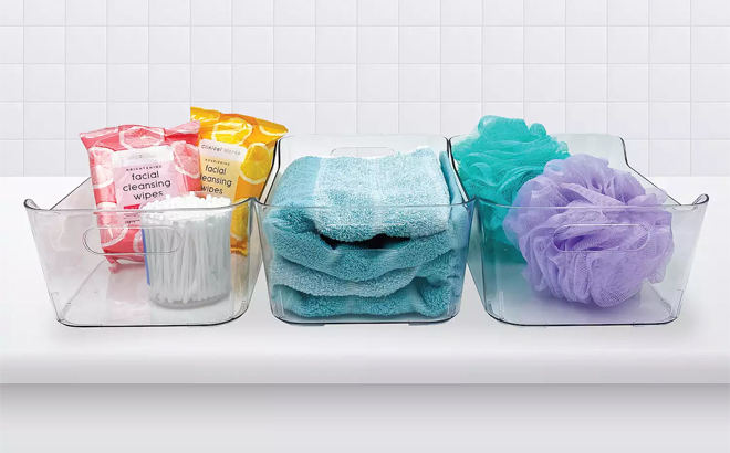 Belle Maison 3 Piece Clear Plastic Organizer Bin Set on a Bathroom Counter