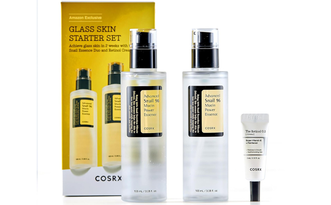 COSRX Glass Skin Starter Set with a Box Behind It on a White Background