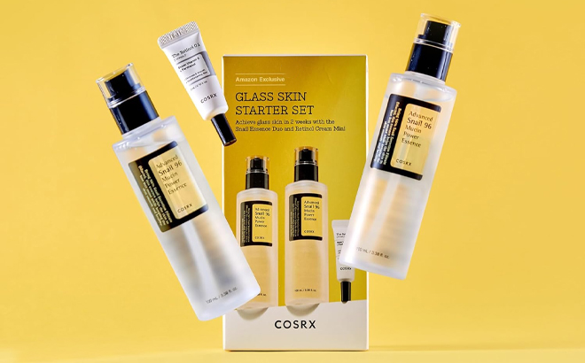 COSRX Glass Skin Starter Set with a Box Behind It on a Yellow Background